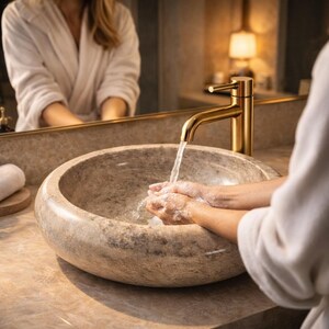 Luxury marble wash basin styled with warm lighting and decor elements, creating a cozy and elegant bathroom ambiance. Ideal for high-end interiors, spa bathrooms, and designer homes. Handcrafted from natural stone, offering durability with aesthetic beauty.