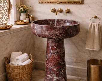 Handcrafted Red Marble Pedestal Sink | Luxury Bathroom Basin