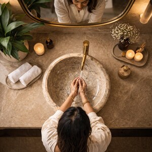 Marble wash basin surrounded by candles and decor items, creating a spa-like relaxing environment. Perfect for luxury bathroom styling, wellness spaces, and premium interiors. Enhances ambiance while maintaining functionality