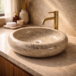 Minimalist marble vessel sink with a modern faucet and clean background, highlighting simplicity and elegance. Perfect for modern bathrooms, hotel interiors, and luxury vanity setups. The natural texture of stone makes each piece unique and visually appealing.