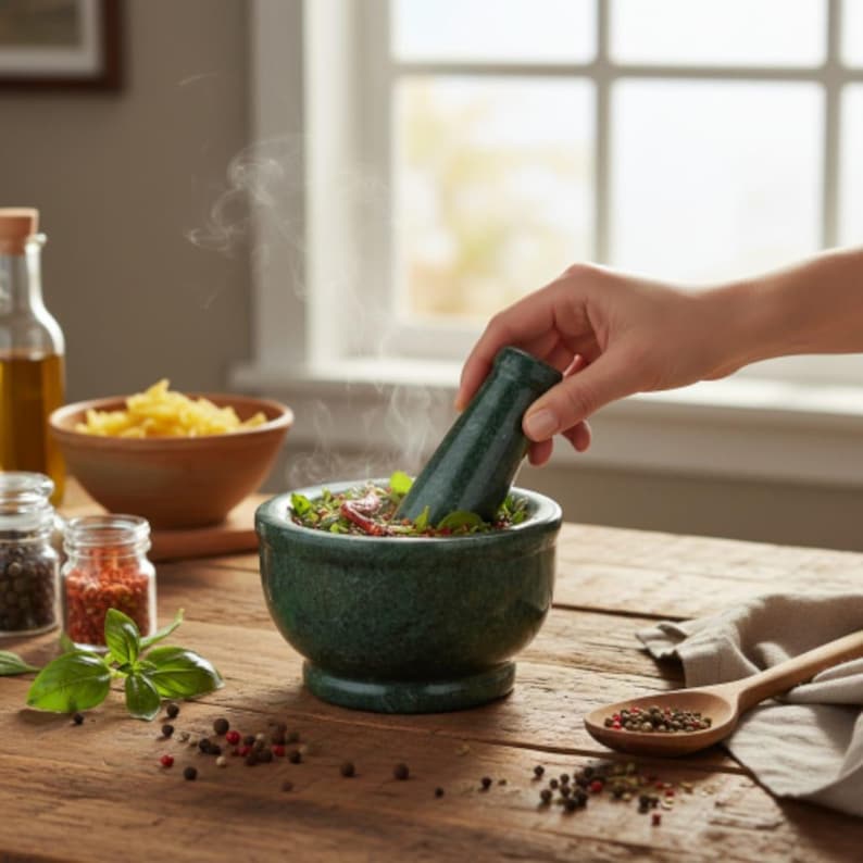 Handmade Green Marble Mortar and Pestle: Kitchen Herb & Spice Grinder image 6