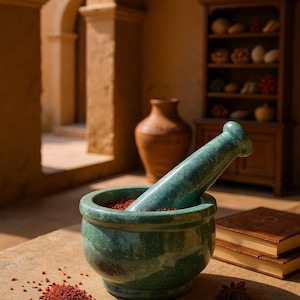 May include: A green marble mortar and pestle filled with red spices. The pestle rests inside the mortar. Star anise and a pile of red spices are on the wooden surface. Two leather-bound books are in the background.