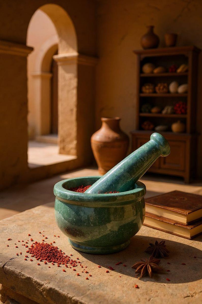 May include: A green marble mortar and pestle filled with red spices. The pestle rests inside the mortar. Star anise and a pile of red spices are on the wooden surface. Two leather-bound books are in the background.