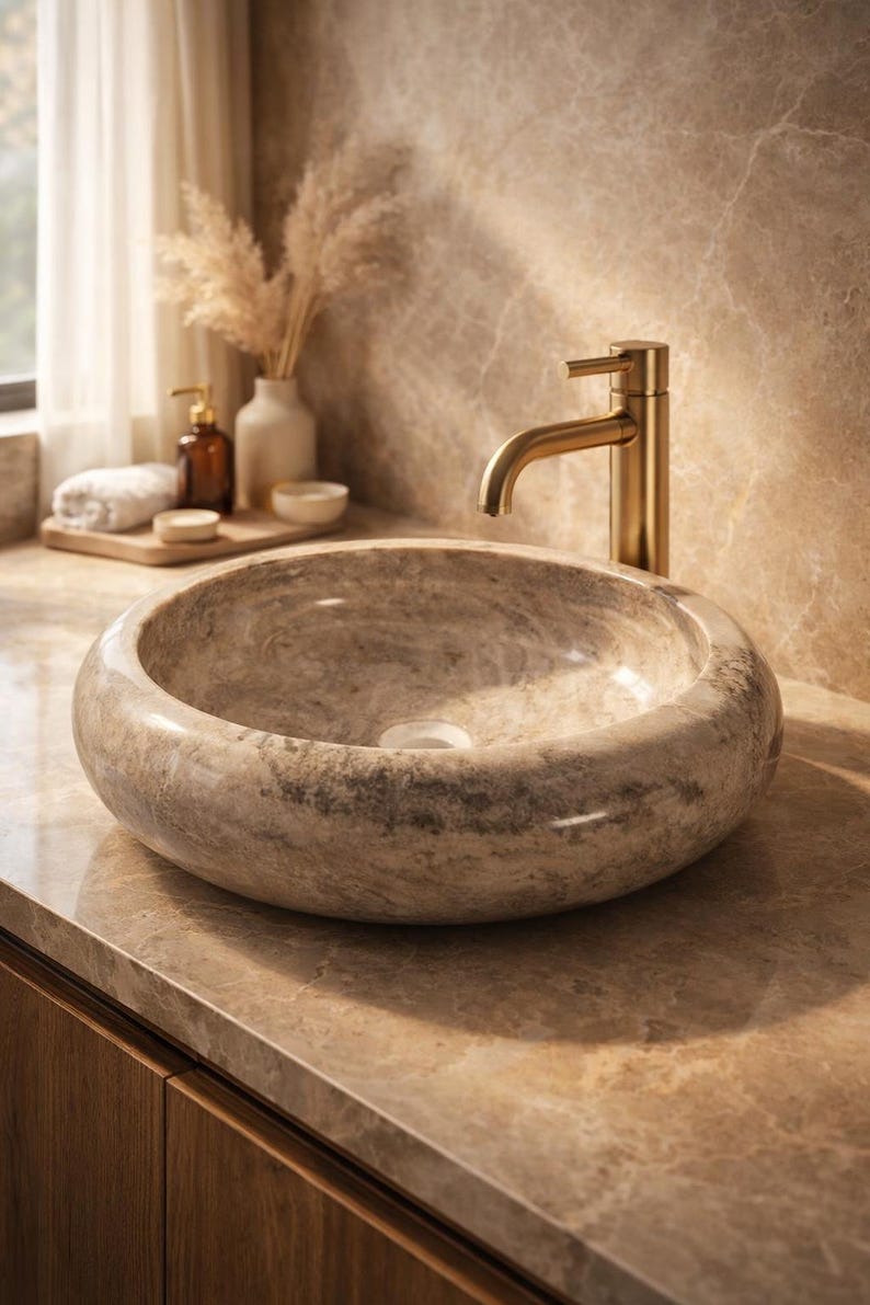Side angle shot of a round marble wash basin placed on a wooden vanity, showcasing its depth and smooth curved edges. The natural stone design enhances bathroom aesthetics, making it suitable for contemporary and rustic interiors. A premium handcrafted piece for stylish home decor