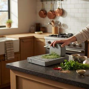May include: A grey stone mortar and pestle set grinds herbs on a kitchen countertop. Fresh parsley, garlic, and spices are arranged nearby. Copper pots hang above the stove in the background.