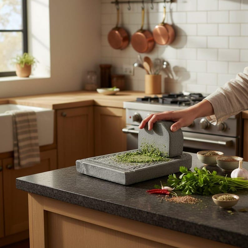 May include: A gray stone mortar and pestle set is used to grind herbs on a kitchen countertop. Fresh parsley, garlic, and spices are arranged nearby. Copper pots hang above the stove in the background.