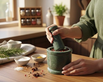 Green Stone Mortar Pestle Handmade Marble Spice Grinder Masala Bowl