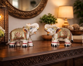 Figura de elefante de mármol hecha a mano / Obra de Meenakari / Obra decorativa para el hogar / 2,5 pulgadas