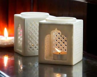 Handmade White Marble Aroma Diffuser: Tea Light Candle Holder