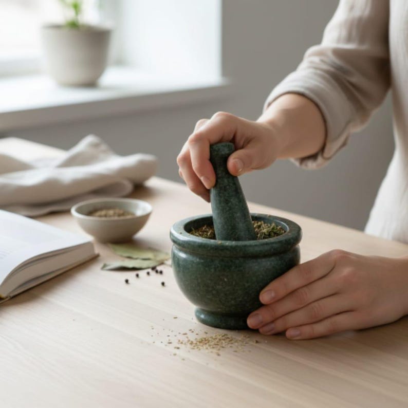 Handmade Green Marble Mortar and Pestle: Kitchen Herb & Spice Grinder image 10