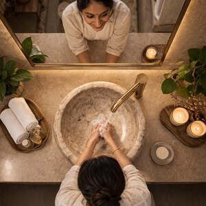 Top view of a round marble vessel sink highlighting its natural patterns and smooth polished surface. Ideal for bathroom vanity styling, offering a unique and luxurious touch. Each piece is handcrafted, making it one-of-a-kind.