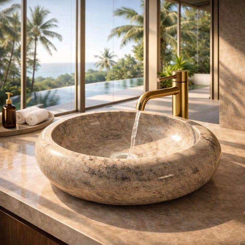 Marble vessel sink placed near a window with natural light and scenic background, giving a refreshing and modern feel. Ideal for contemporary bathroom designs and luxury homes. A perfect combination of nature-inspired beauty and craftsmanship.