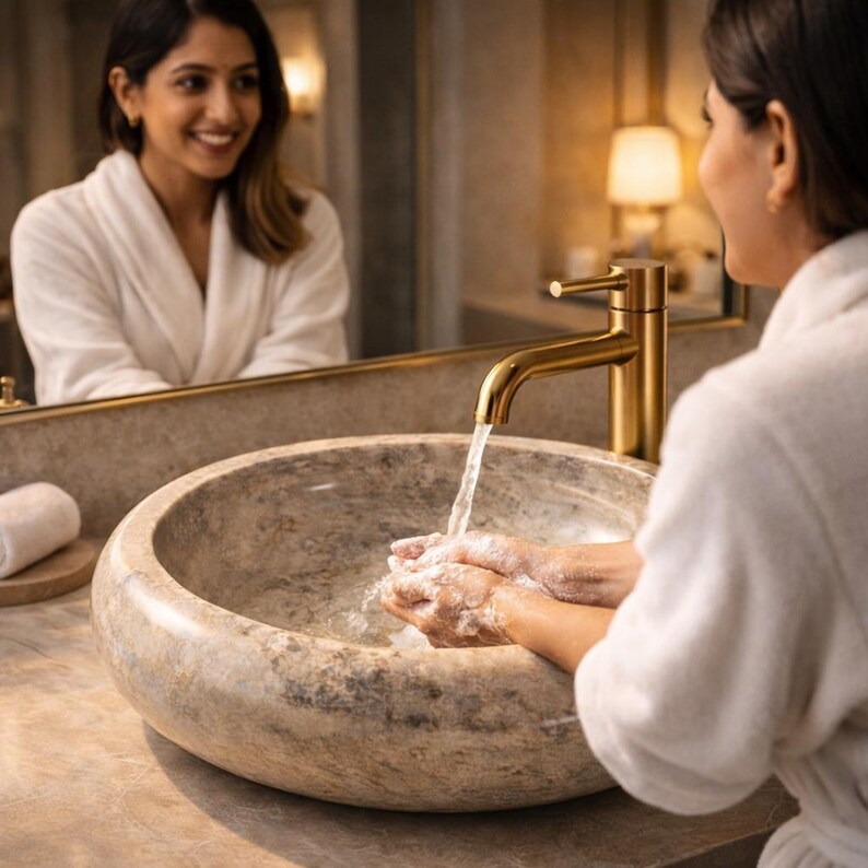 Marble sink in action with hands washing under running water, showing real-life usability and design appeal. Perfect for modern homes, hotels, and spa settings. Combines functionality with premium craftsmanship for everyday luxury experience.