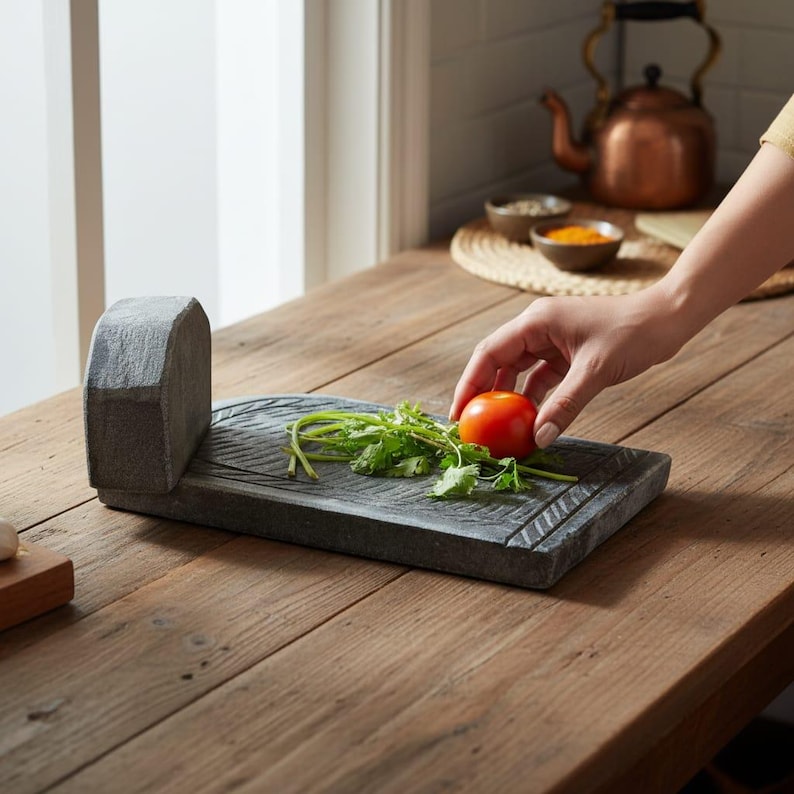 May include: A gray stone mortar and pestle set on a wooden surface. Fresh cilantro and a red tomato are on the mortar. The mortar has a rectangular base with a raised handle. Kitchenware.