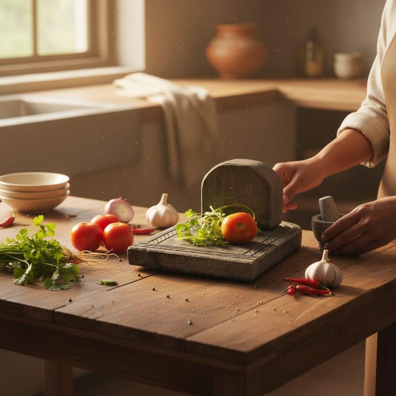 May include: A wooden kitchen table with ingredients for cooking. A stone mortar and pestle are on a wooden cutting board with a tomato and herbs. Other ingredients include tomatoes, garlic, and red peppers.