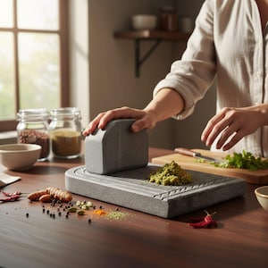 May include: A gray stone mortar and pestle set with a rectangular base and a block-shaped pestle. Spices, including turmeric and red chilies, are scattered on the wooden surface. A pile of green paste sits on the mortar.