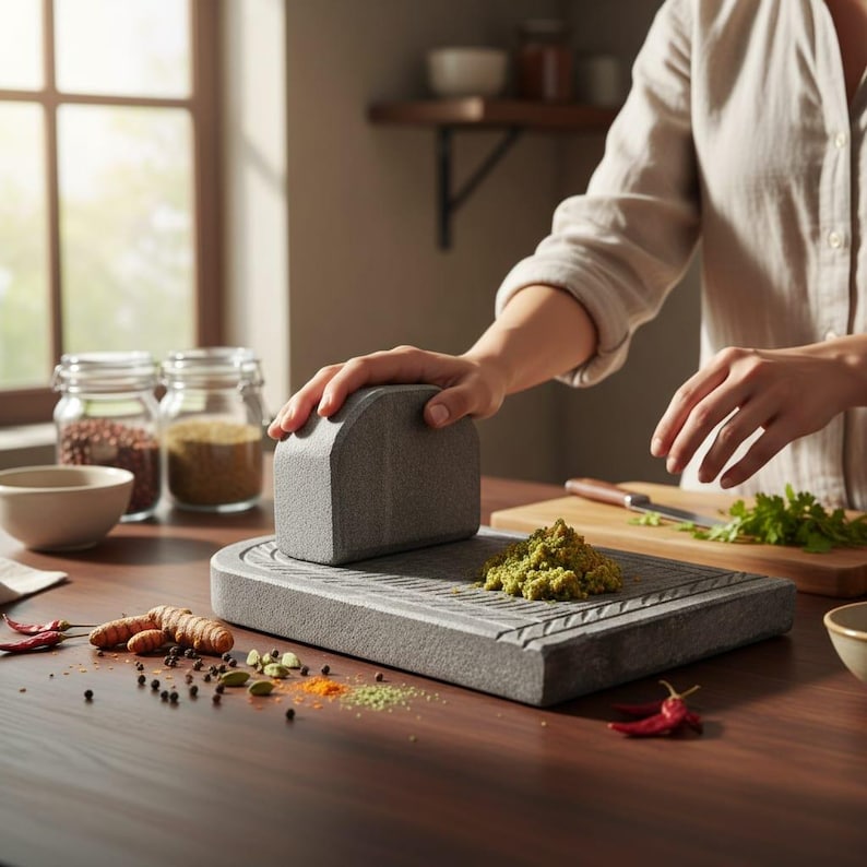 May include: A gray stone mortar and pestle set with a rectangular base and a block-shaped pestle. Spices, including turmeric and red chilies, are scattered on the wooden surface. A pile of green paste sits on the mortar.