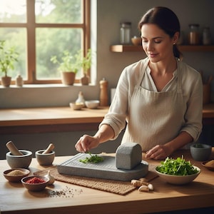 May include: A woman in a kitchen preparing food. The scene includes a gray stone cutting board, mortar and pestles, and bowls of spices. Fresh herbs are being chopped on the cutting board. The kitchen has a wooden countertop and a window in the background.
