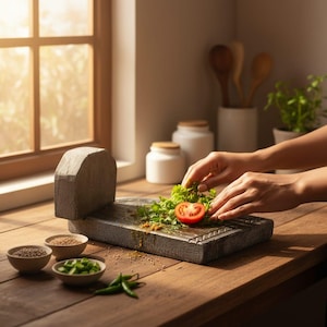 May include: A stone mortar and pestle set with a rectangular base and a large, angled pestle. Fresh ingredients, including a sliced tomato, cilantro, and green chilies, are arranged on the mortar. Small bowls with spices and seeds are also present.