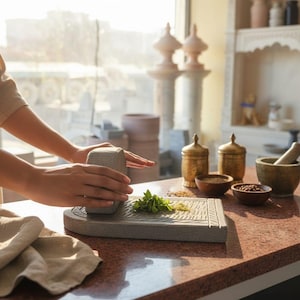 May include: A gray stone mortar and pestle set is used to grind herbs on a textured stone surface. The scene includes small wooden bowls, brass containers, and a mortar and pestle, suggesting a kitchen or food preparation setting.