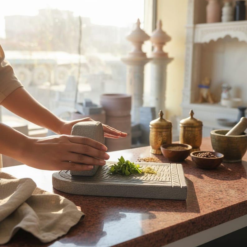 May include: A gray stone mortar and pestle set is used to grind herbs on a textured stone surface. The scene includes small wooden bowls, brass containers, and a mortar and pestle, suggesting a kitchen or food preparation setting.
