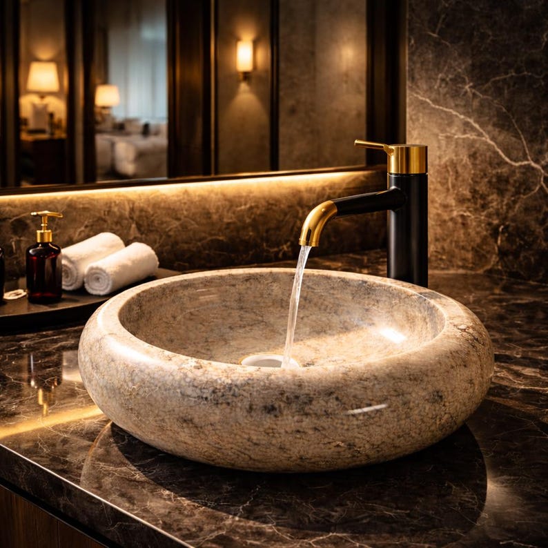Elegant marble wash basin in use with a modern lifestyle setting, showing a woman washing hands under a stylish faucet. The natural stone texture enhances the aesthetic appeal, making it perfect for luxury bathrooms, spa interiors, and contemporary home decor. A perfect blend of functionality and premium craftsmanship.