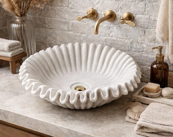 Handmade Stone  Fluted Marble Vessel Sink Luxury  Sculptural Bathroom Basin