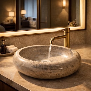 Beautiful handcrafted round marble vessel sink placed on a wooden countertop with a modern golden faucet. This natural stone basin features unique earthy tones and textures, perfect for luxury bathroom decor. Ideal for vanity tops, spa-inspired interiors, and premium home design, adding elegance and durability to any washroom setting.