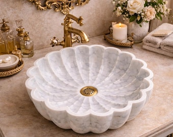 White Marble Flower Vessel Sink | Hand Carved Floral Bathroom Wash Basin