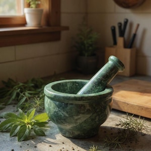 May include: A green marble mortar and pestle set. The mortar is round with a wide bowl, and the pestle is cylindrical. Fresh herbs and spices are scattered around the mortar on a stone countertop. A window and copper pot are in the background.