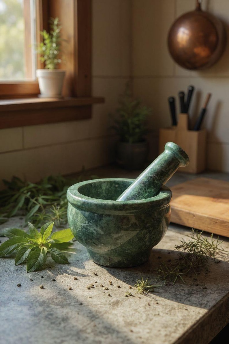 May include: A green marble mortar and pestle set. The mortar is round with a wide bowl, and the pestle is cylindrical. Fresh herbs and spices are scattered around the mortar on a stone countertop. A window and copper pot are in the background.