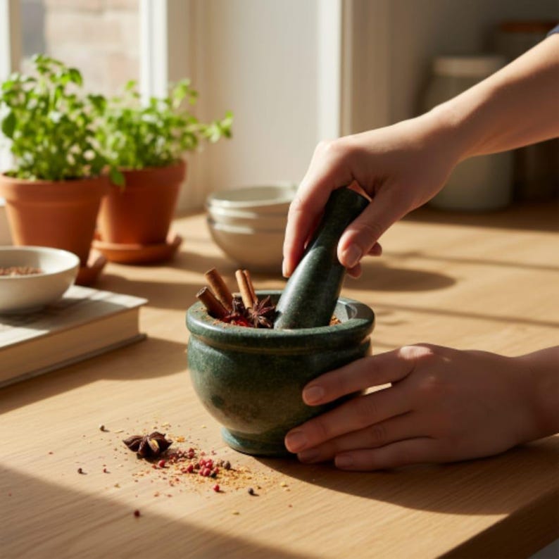 Handmade Green Marble Mortar and Pestle: Kitchen Herb & Spice Grinder image 5