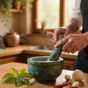 May include: A green marble mortar and pestle set on a wooden countertop, with fresh herbs, garlic, and a red chili pepper. The pestle is being used to grind ingredients. Kitchenware.