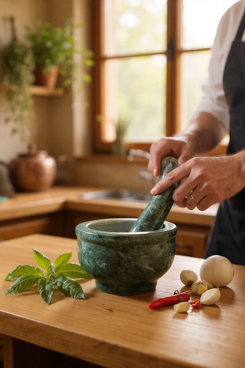 May include: A green marble mortar and pestle set on a wooden countertop, with fresh herbs, garlic, and a red chili pepper. The pestle is being used to grind ingredients. Kitchenware.