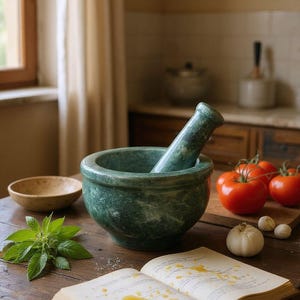 May include: A green marble mortar and pestle set with a wooden bowl, fresh basil, tomatoes, garlic, and an open cookbook on a wooden table. The scene suggests a culinary theme.