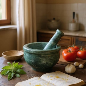 Handgjord mortel och stöt i grön marmor: Ört- och kryddkvarn för kök