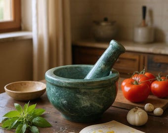 Handmade Green Marble Mortar and Pestle: Kitchen Herb & Spice Grinder