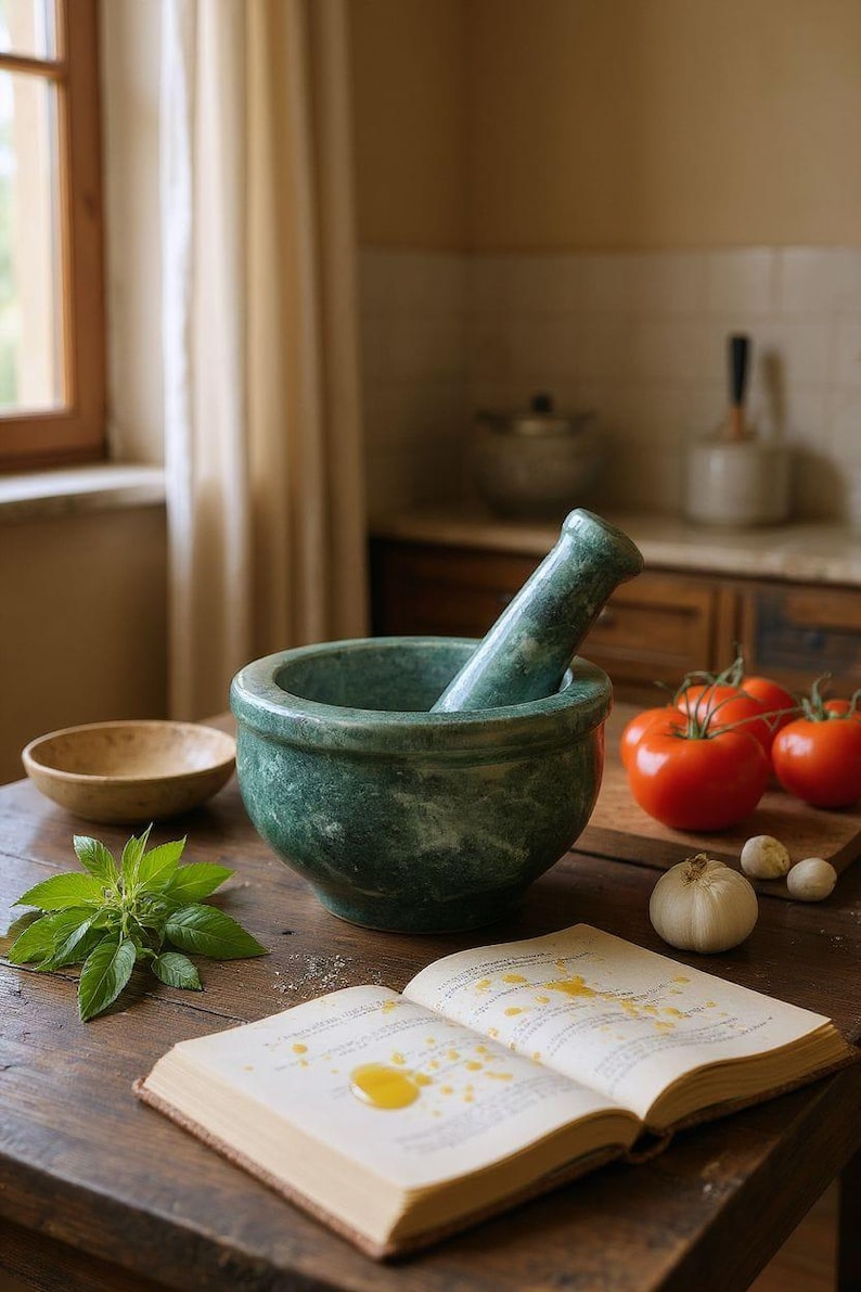 May include: A green marble mortar and pestle set with a wooden bowl, fresh basil, tomatoes, garlic, and an open cookbook on a wooden table. The scene suggests a culinary theme.