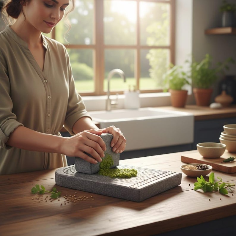 May include: A gray granite mortar and pestle set is used to grind herbs on a wooden countertop. The pestle is held in both hands, pressing down on the herbs. Other ingredients and bowls are on the counter, suggesting food preparation.