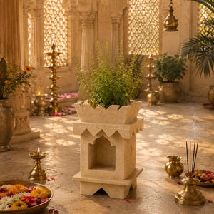 May include: A light beige stone planter with a crenelated top edge and a central arched niche, containing a green leafy plant. The planter features a square base and a tiered design, positioned in a space with brass lamps and flower petals.