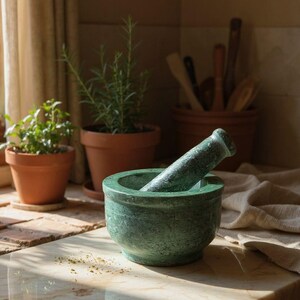 May include: A green marble mortar and pestle set. The mortar is round with a matching pestle resting inside. The set is on a marble countertop, with potted herbs and wooden utensils in the background.