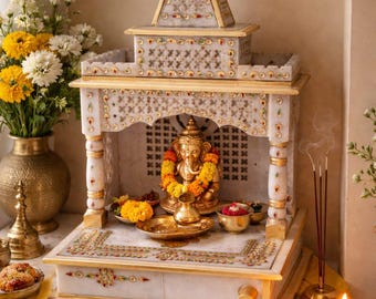 手作りの大理石製ミニ寺院 | 象嵌細工が施されたインドのプージャ・マンディール