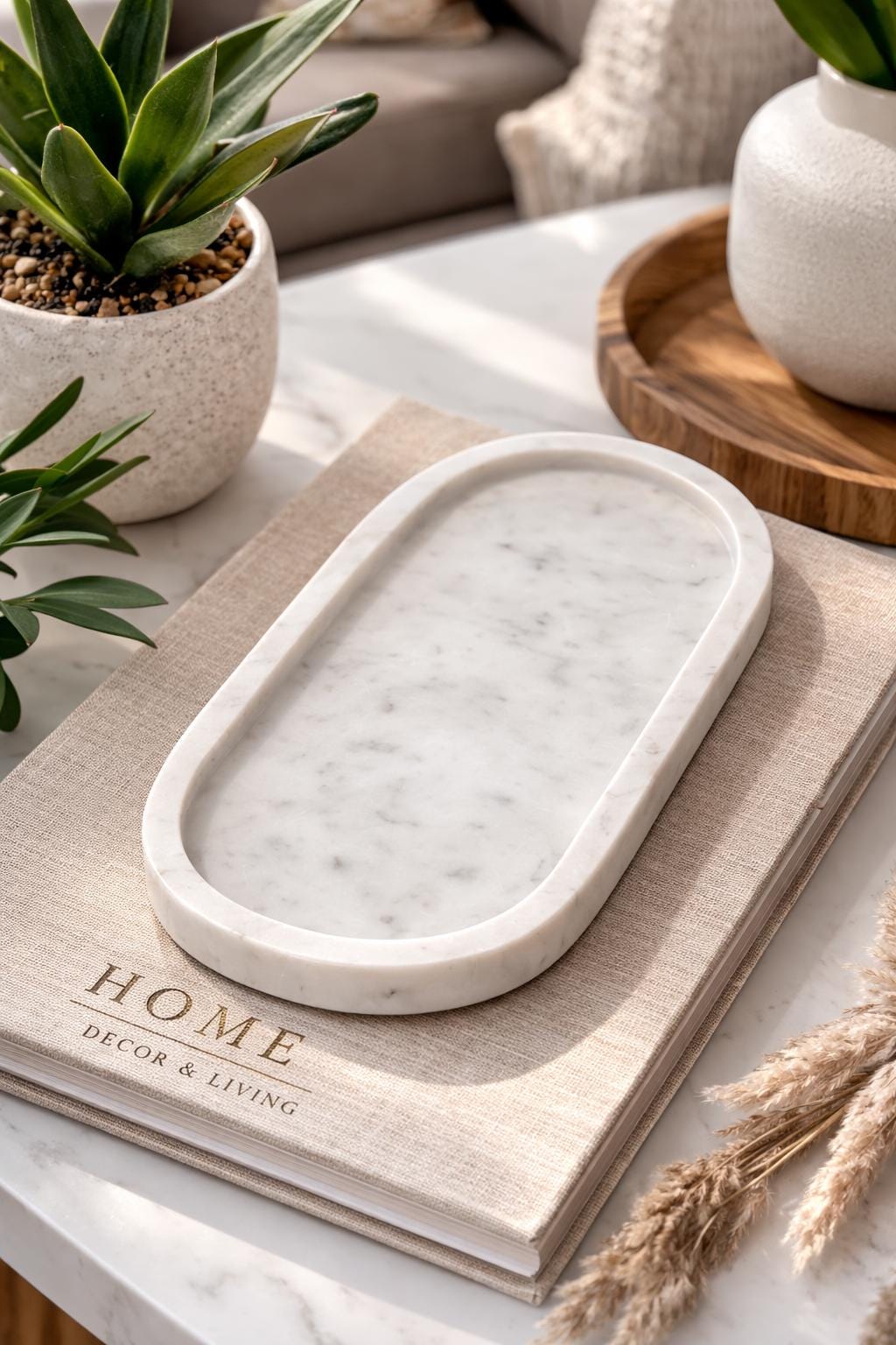 Handcrafted Oval Marble Tray: Natural Stone Decorative Organizer