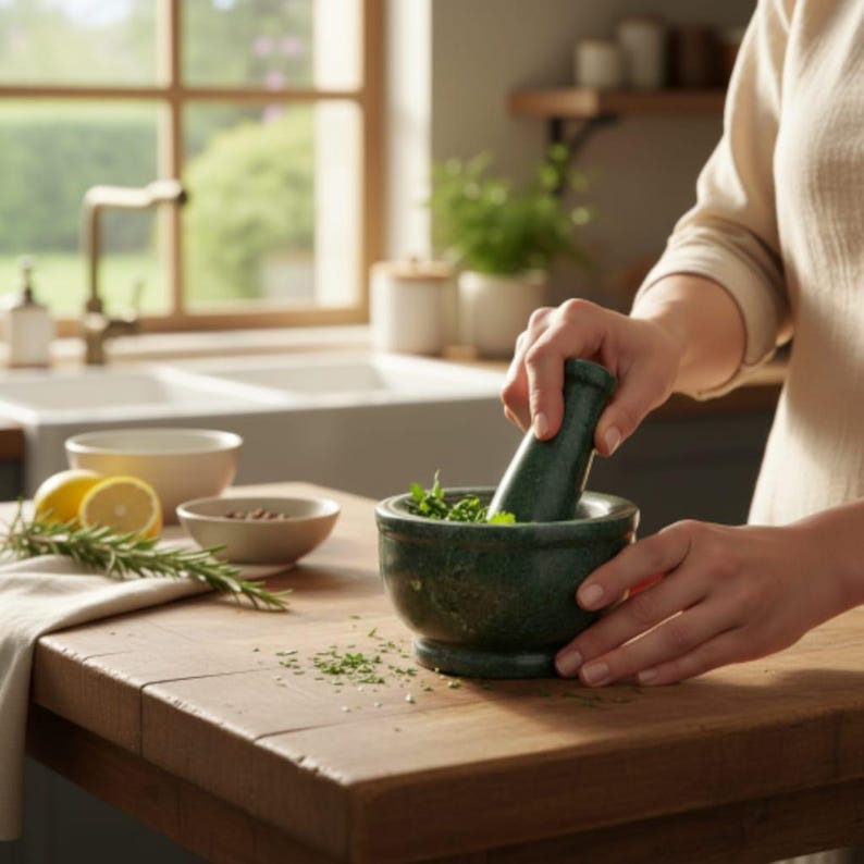 Handmade Green Marble Mortar and Pestle: Kitchen Herb & Spice Grinder image 15