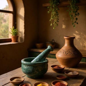May include: A rustic kitchen scene featuring a green marble mortar and pestle, a terracotta vase, and small wooden bowls filled with colorful spices. The scene is illuminated by natural light, creating a warm, inviting atmosphere.