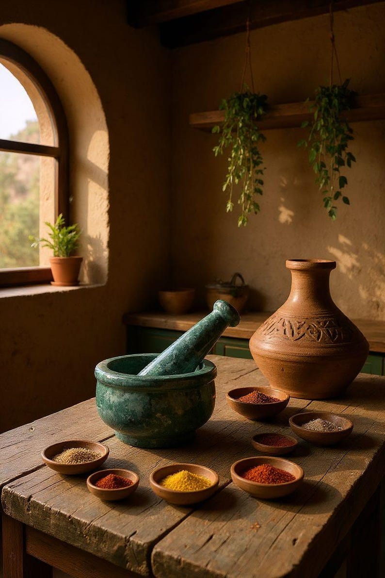 May include: A rustic kitchen scene featuring a green marble mortar and pestle, a terracotta vase, and small wooden bowls filled with colorful spices. The scene is illuminated by natural light, creating a warm, inviting atmosphere.
