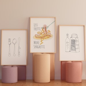 Less Fretti More Spaghetti 3 piece Wall Art Set, Digital Download for Pasta lovers, Kitchen Gallery Wall Display