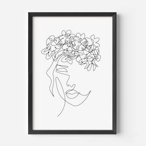 Frauen-Linienzeichnung - Ästhetischer Kunstdruck - Minimalistische Kontur - Geblümtes Haar, weibliches Druckposter, moderne Linie