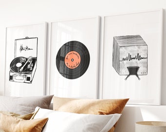 Record Player 3 piece wall art Framed, Albums, Record Player, Gallery Wall, Above Bed Decor, Living Room Art, Music Lover Gift