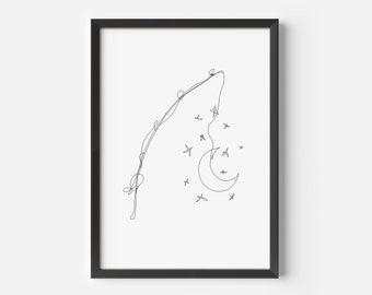 Fishing Moon Print | Minimalist Line Drawing | Hung the Moon | Night Art Print